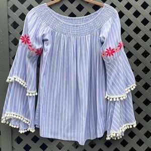 Andree by Unit Off the Shoulder Pom Pom Blue, White and Red Top